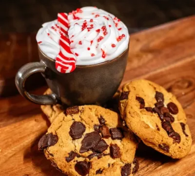 A brown ceramic mug holds hot chocolate with a small peppermint spoon on top. The mug sits next to two chocolate chip cookies on a wood tray. 